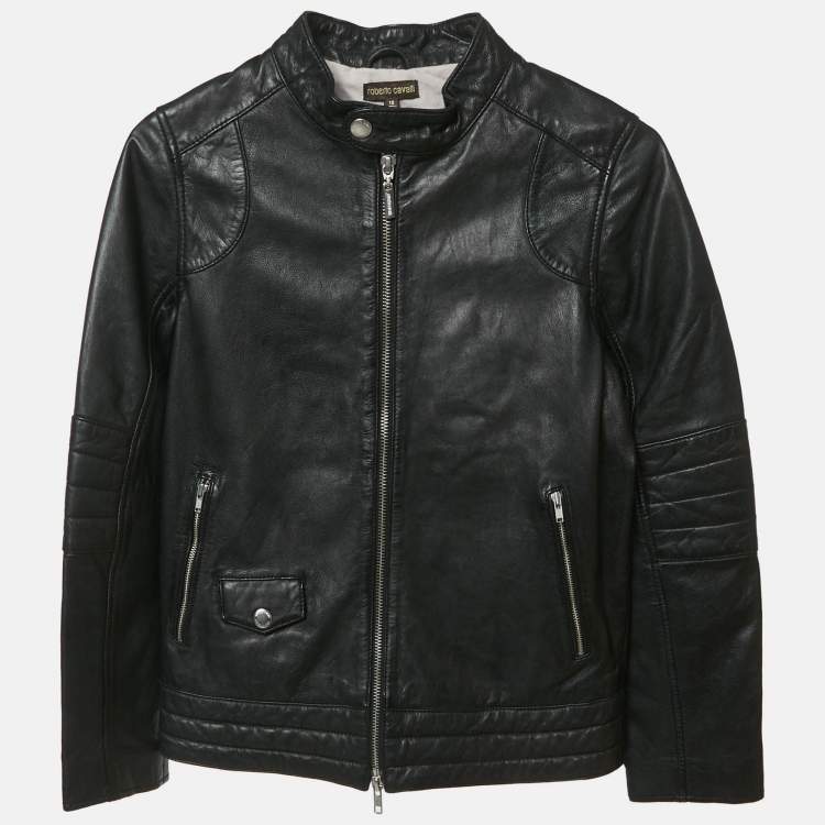 مملوكة مسبقًا Roberto Cavalli Black Leather Zip Up Jacket 10Yrs