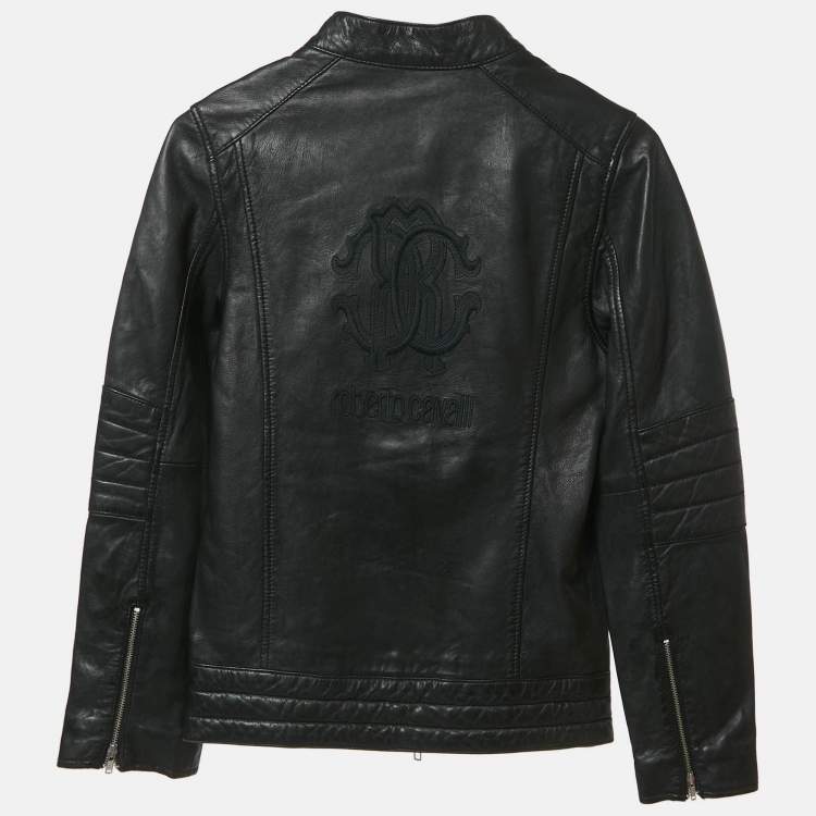 مملوكة مسبقًا Roberto Cavalli Black Leather Zip Up Jacket 10Yrs