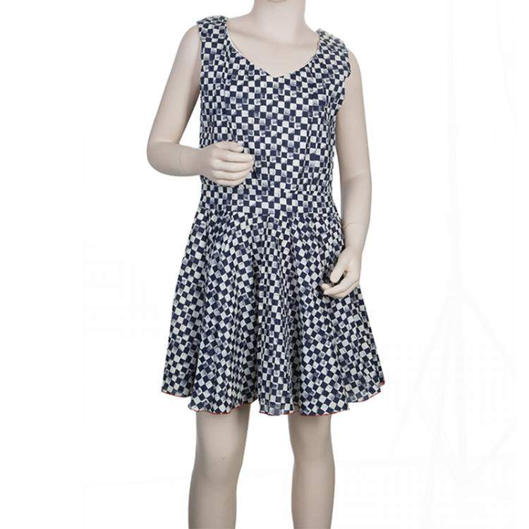 Pre Owned Roma e Tosca Blue & White Square Print Sleeveless Dress 10 Yrs 