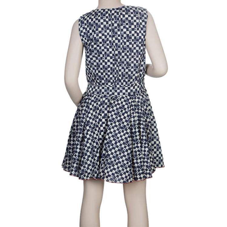 Pre Owned Roma e Tosca Blue & White Square Print Sleeveless Dress 10 Yrs 