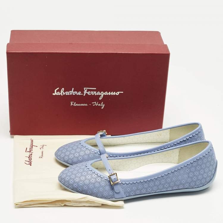 Pre Owned Salvatore Ferragamo Blue Perforated Leather Ballet Flats Size 33