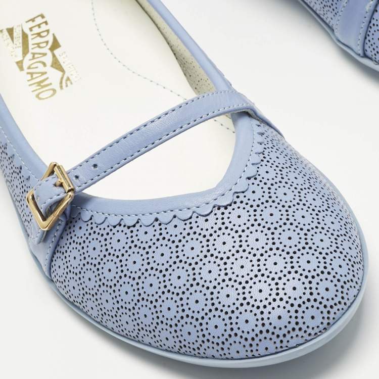 Pre Owned Salvatore Ferragamo Blue Perforated Leather Ballet Flats Size 33