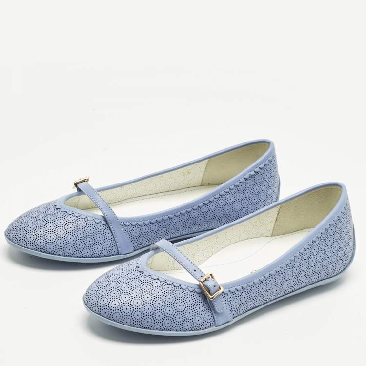 Pre Owned Salvatore Ferragamo Blue Perforated Leather Ballet Flats Size 33
