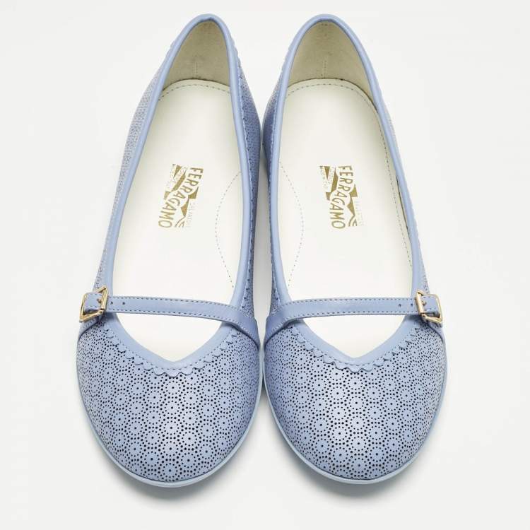 Pre Owned Salvatore Ferragamo Blue Perforated Leather Ballet Flats Size 33