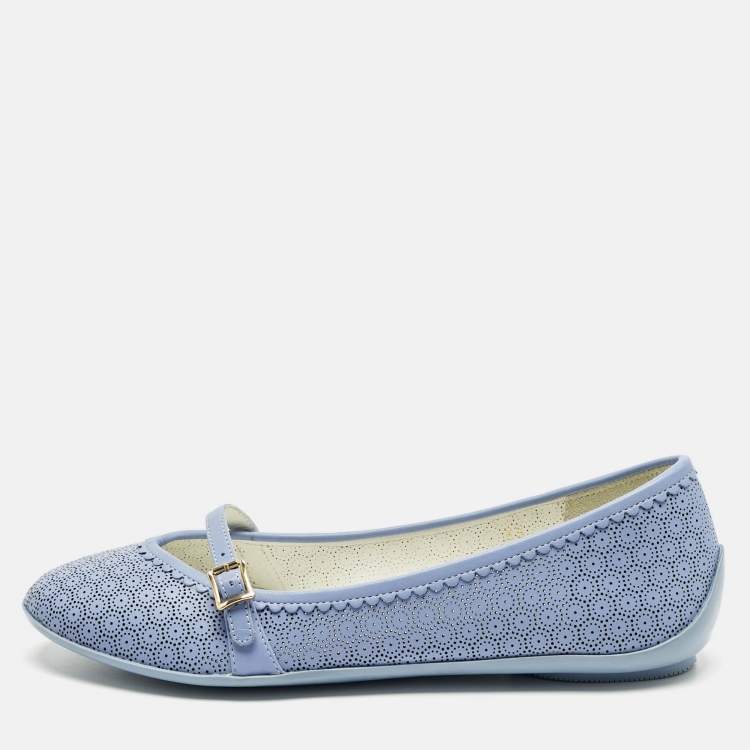 Pre Owned Salvatore Ferragamo Blue Perforated Leather Ballet Flats Size 33
