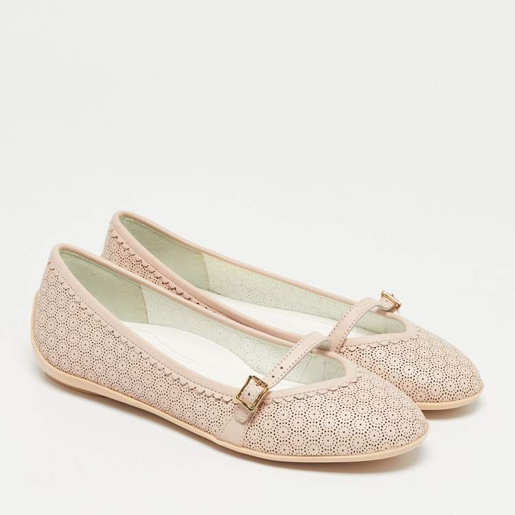 Pre Owned Salvatore Ferragamo Beige Perforated Leather Ballet Flats Size 32