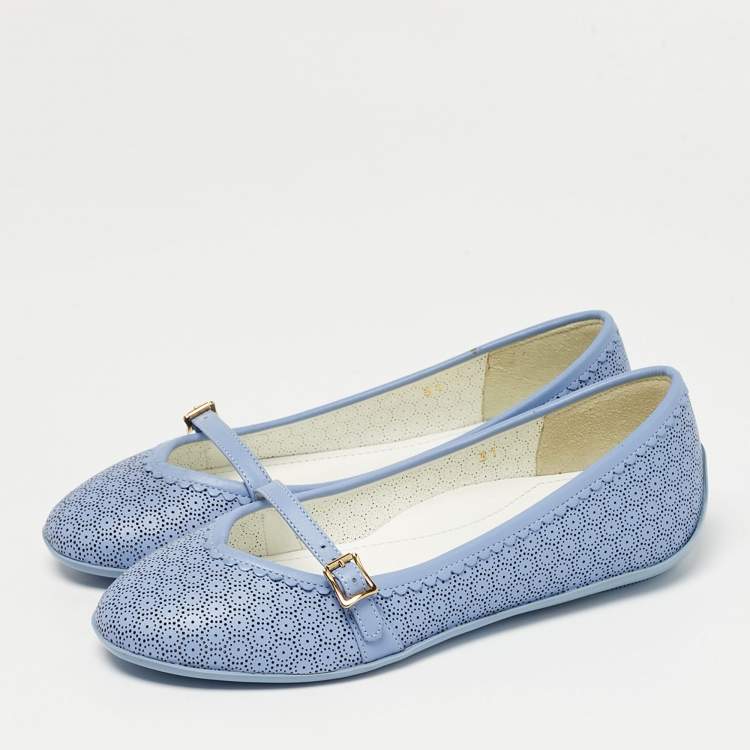 Pre Owned Salvatore Ferragamo Blue Perforated Leather Ballet Flats Size 31