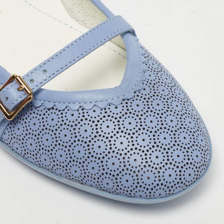 Pre Owned Salvatore Ferragamo Blue Perforated Leather Ballet Flats Size 31