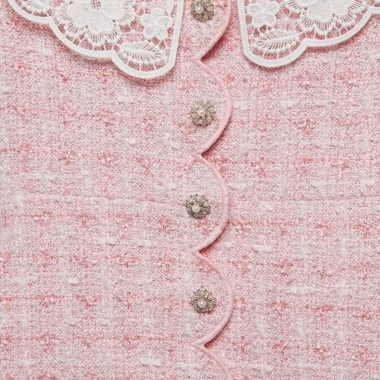 Pre Owned Self-Portrait Pink Tweed Button Front Lace Trimmed Dress 5-6 Yrs