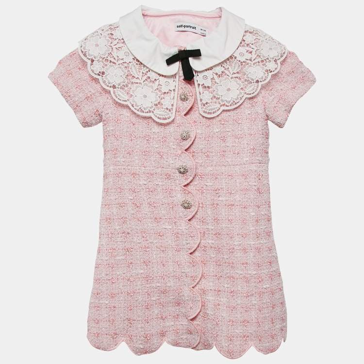 Pre Owned Self-Portrait Pink Tweed Button Front Lace Trimmed Dress 5-6 Yrs