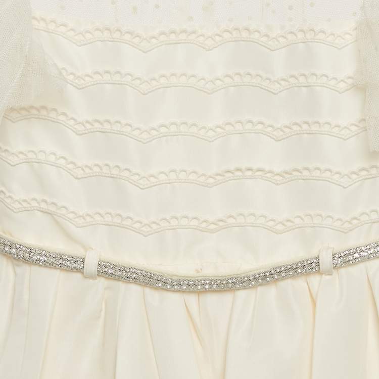 Pre Owned Self-Portrait Off-White Satin and Tulle Stud Belted Dress 3-4 Yrs