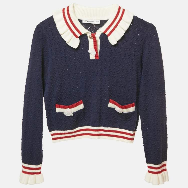 Pre Owned Self-Portrait Navy Blue Textured Pointelle Knit Cardigan 8-10Yrs