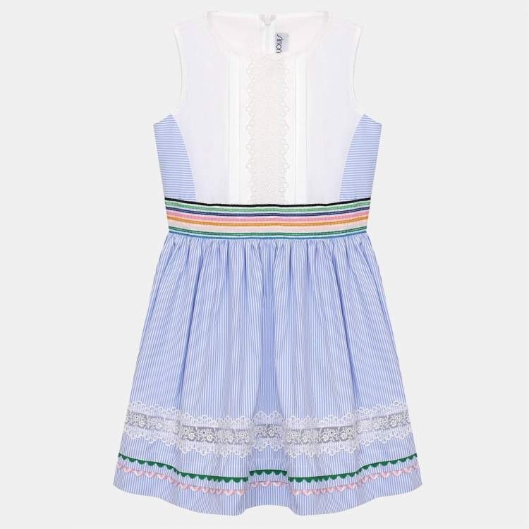 Pre Owned Simonetta Kids White/Blue Stripe Cotton Trimmed Sleeveless Dress 6 Yrs