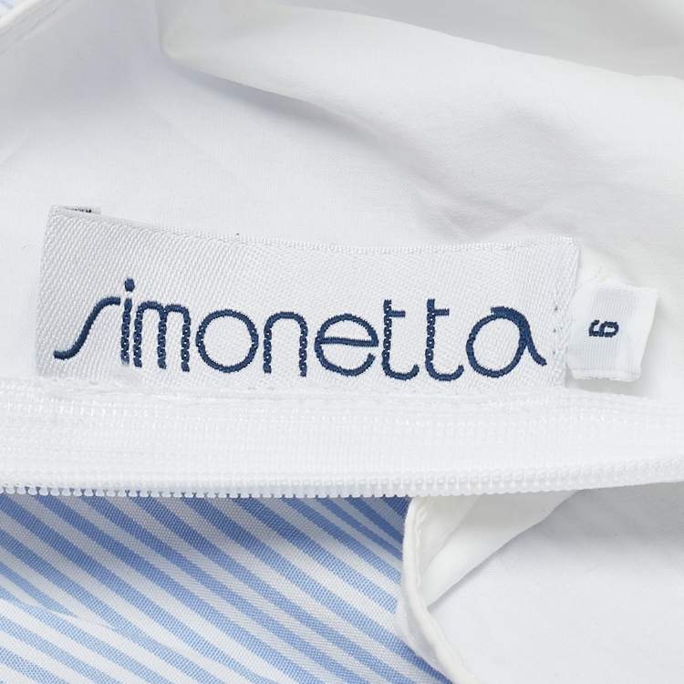 Pre Owned Simonetta Kids White/Blue Stripe Cotton Trimmed Sleeveless Dress 6 Yrs