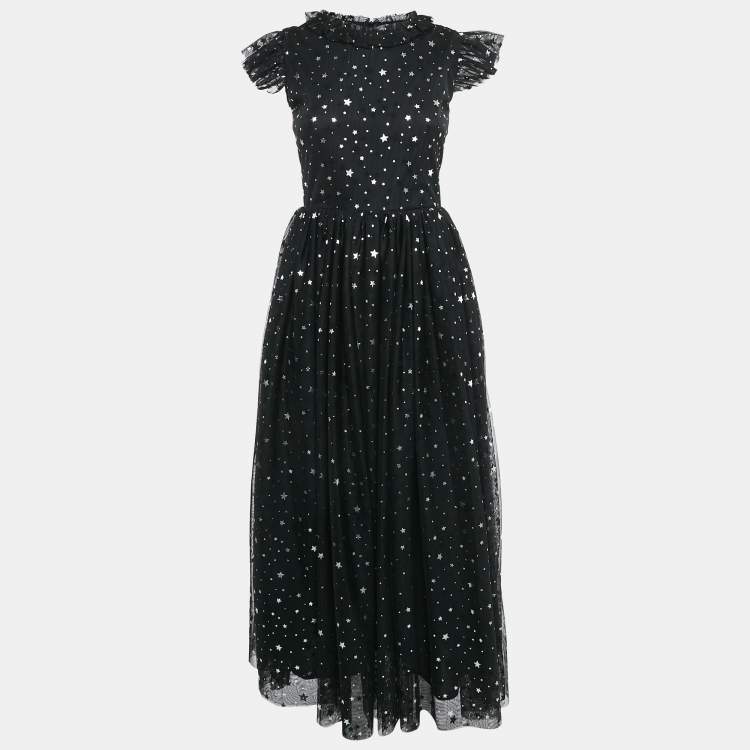 Pre Owned Sonia Rykiel Black Star Print Tulle Ruffled Long Dress 14 Yrs