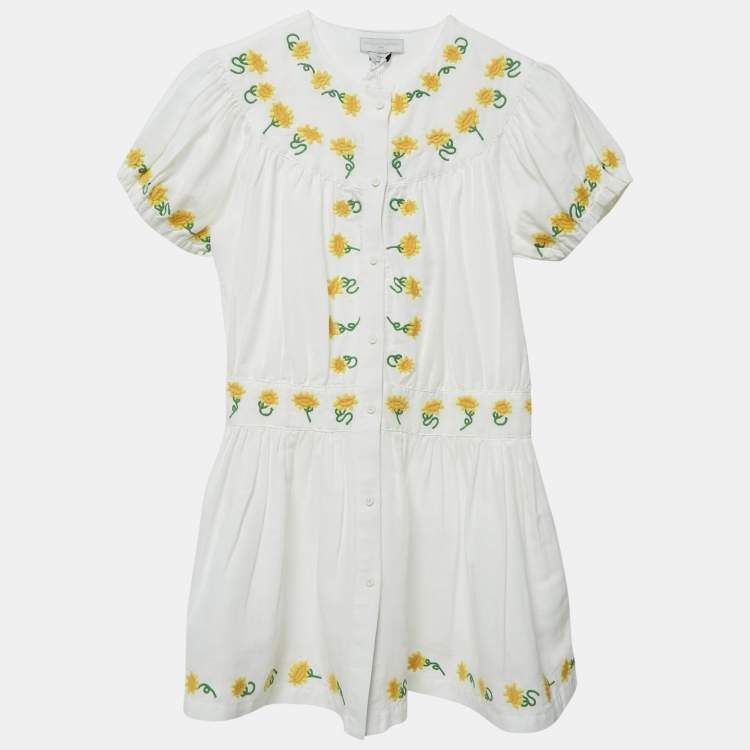 Pre Owned Stella McCartney Kids White Sunflower Embroidered Linen Blend Dress 12 Yrs 