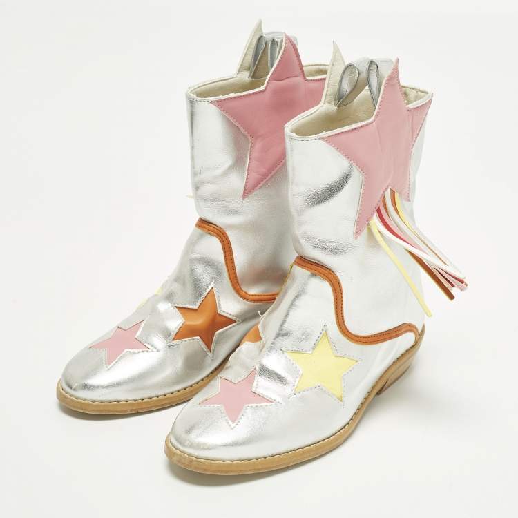 مملوكة مسبقًا Stella McCartney Size 29 Silver Leather Star Ankle Length Boots