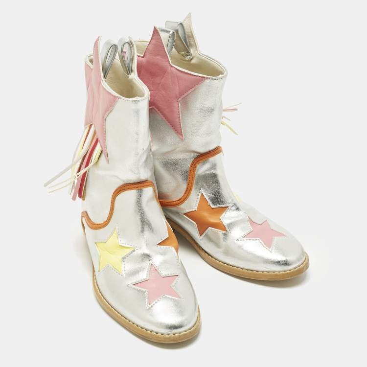 مملوكة مسبقًا Stella McCartney Size 29 Silver Leather Star Ankle Length Boots