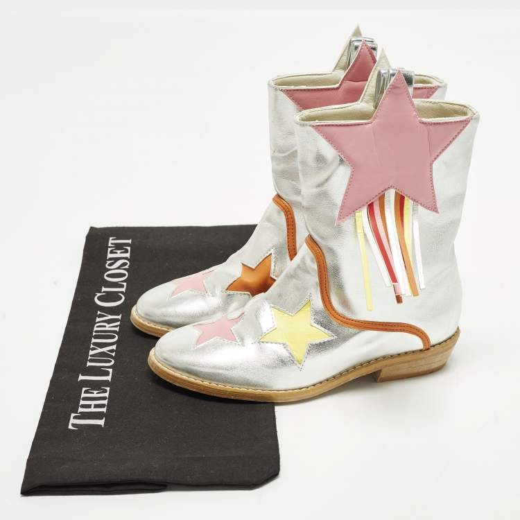 مملوكة مسبقًا Stella McCartney Size 29 Silver Leather Star Ankle Length Boots