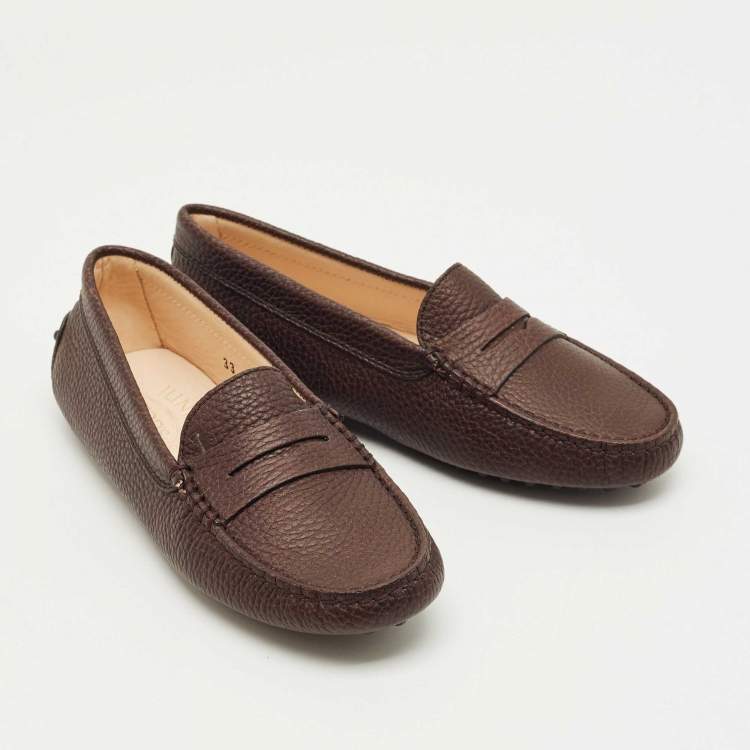 Pre Owned Tod's Dark Brown Leather Gommino Driving Loafers Size 33