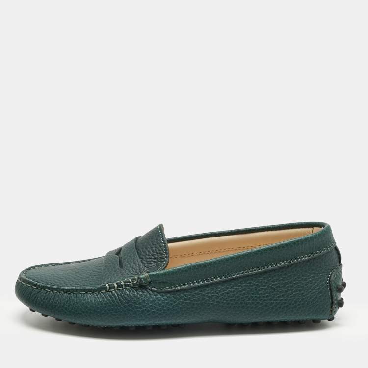 Pre Owned Tod's Green Leather Gommino Driving Loafers Size 34