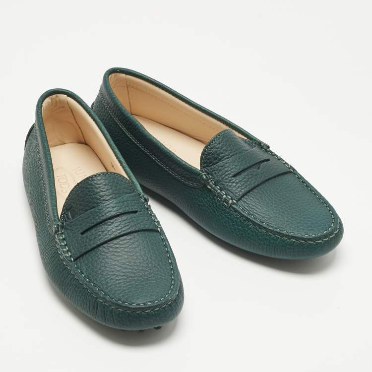 Pre Owned Tod's Green Leather Gommino Driving Loafers Size 34