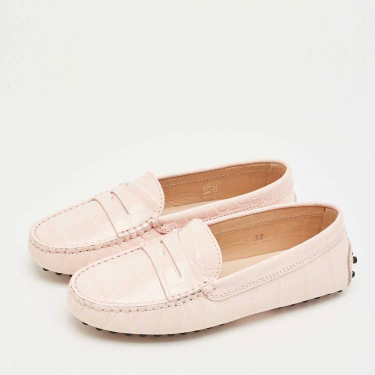 Pre Owned Tod's Pink Croc Embossed Leather Gommino Driving Loafers Size 32