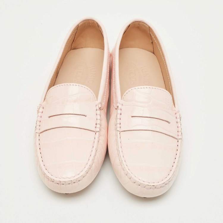 Pre Owned Tod's Pink Croc Embossed Leather Gommino Driving Loafers Size 32