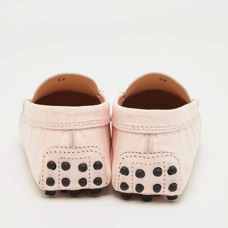 Pre Owned Tod's Pink Croc Embossed Leather Gommino Driving Loafers Size 32