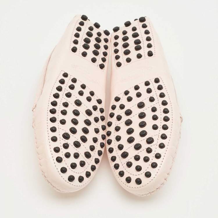 Pre Owned Tod's Pink Croc Embossed Leather Gommino Driving Loafers Size 32