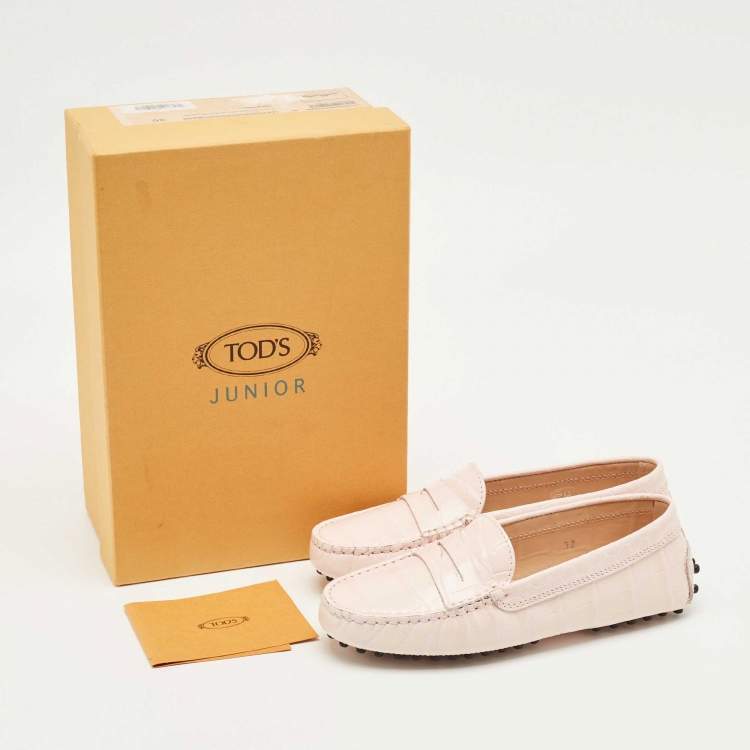 Pre Owned Tod's Pink Croc Embossed Leather Gommino Driving Loafers Size 32