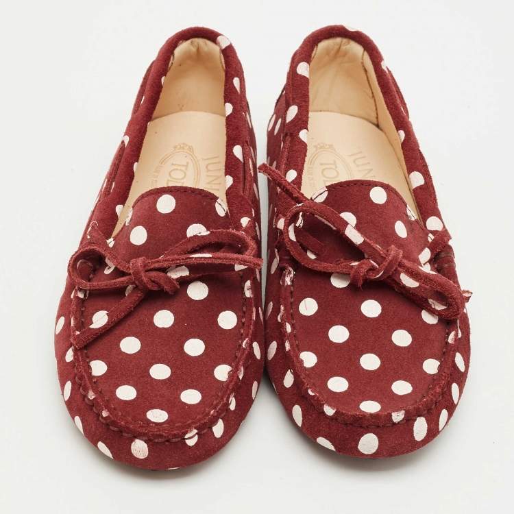 Pre Owned Tod's Burgundy/Pink Polka Dot Suede Driving Loafers Size 31