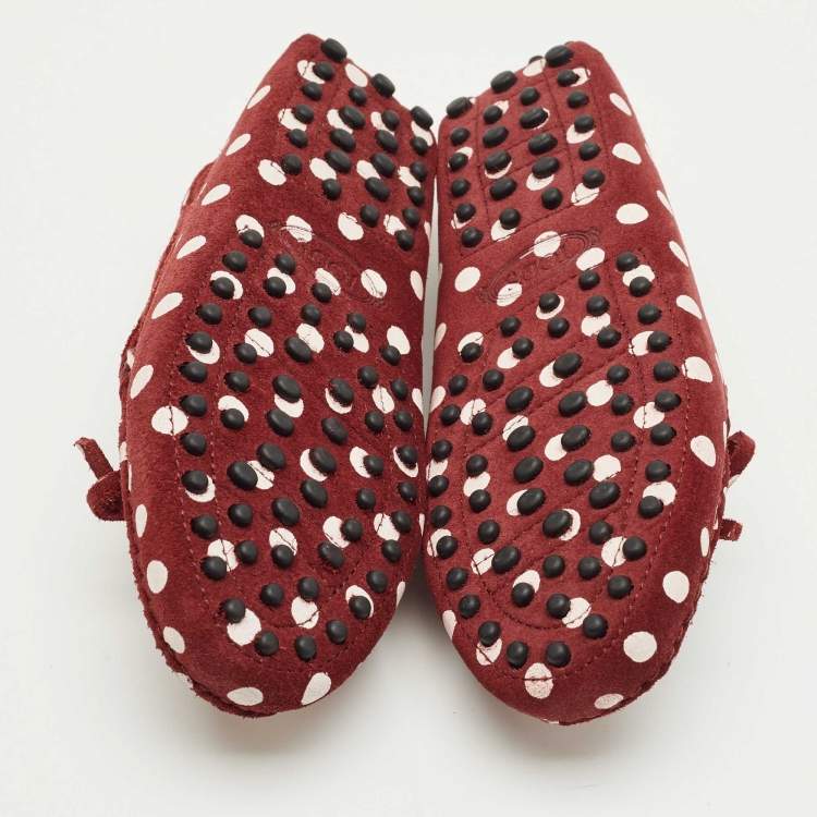 Pre Owned Tod's Burgundy/Pink Polka Dot Suede Driving Loafers Size 31