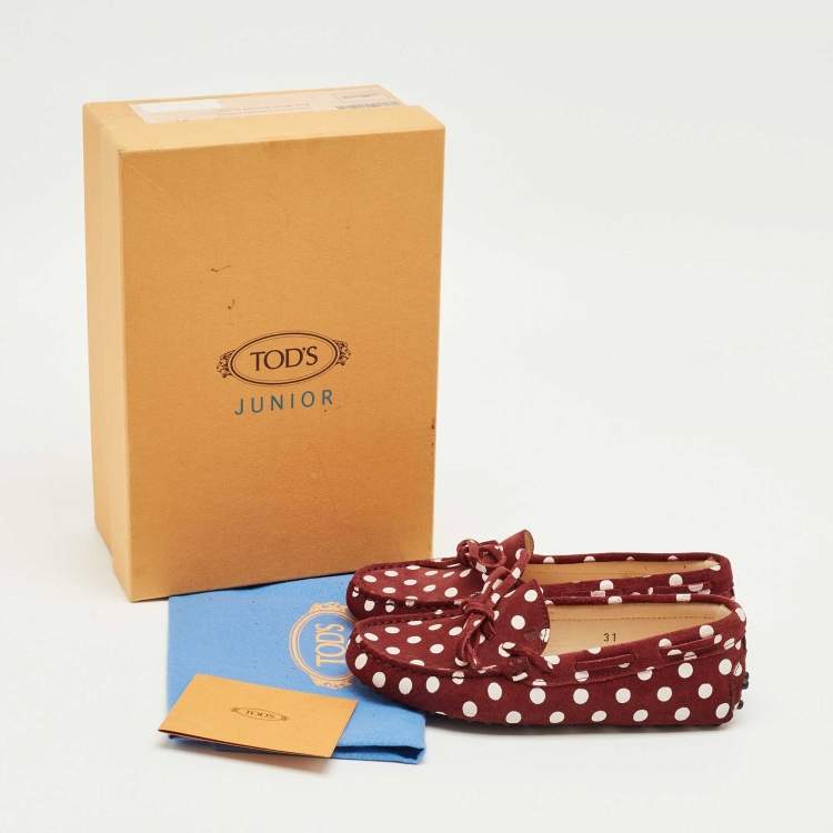 Pre Owned Tod's Burgundy/Pink Polka Dot Suede Driving Loafers Size 31