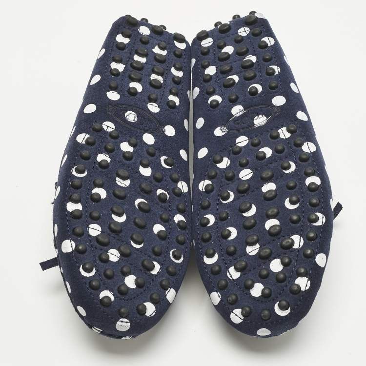 Pre Owned Tod's Navy Blue/White Polka Dot Suede Driving Loafers Size 31