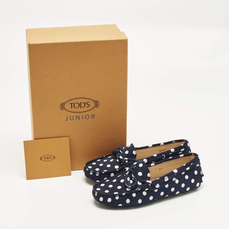 Pre Owned Tod's Navy Blue/White Polka Dot Suede Driving Loafers Size 31