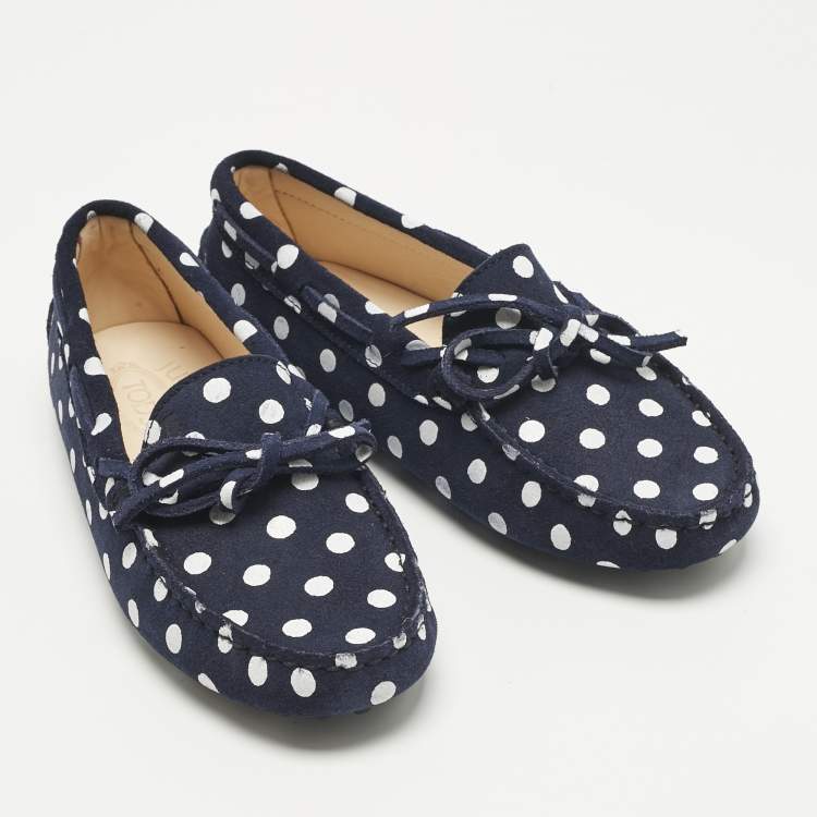 Pre Owned Tod's Navy Blue/White Polka Dot Suede Driving Loafers Size 31
