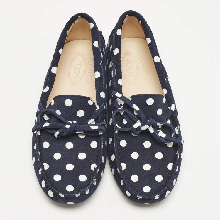 Pre Owned Tod's Navy Blue/White Polka Dot Suede Driving Loafers Size 31
