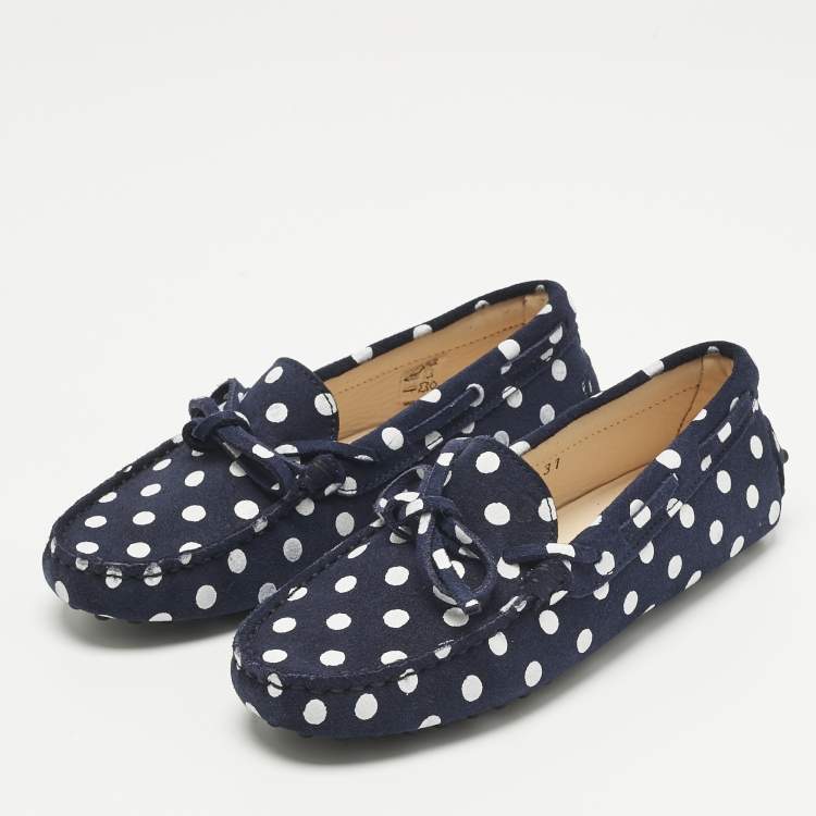 Pre Owned Tod's Navy Blue/White Polka Dot Suede Driving Loafers Size 31