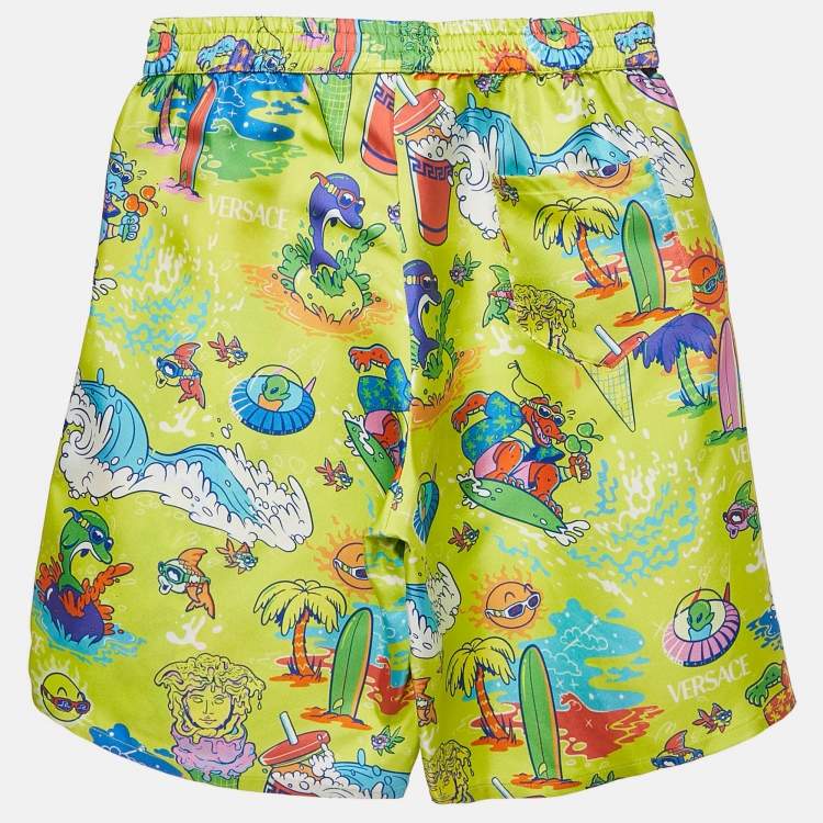 Pre Owned Versace Kids Green Medusa Sunnies Print Silk Shorts 10 Yrs