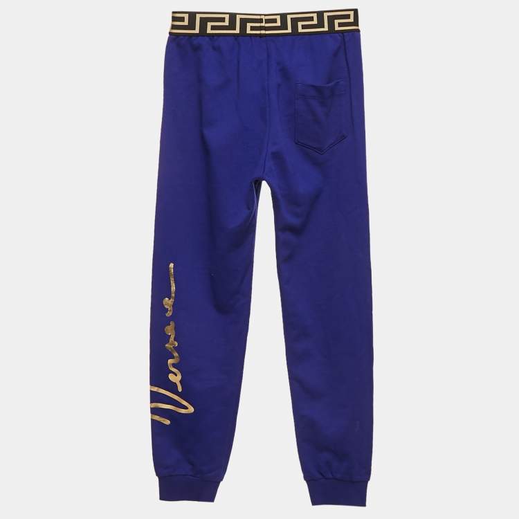 Pre Owned Versace Kids Blue Logo Print Cotton Knit Joggers 10 Yrs