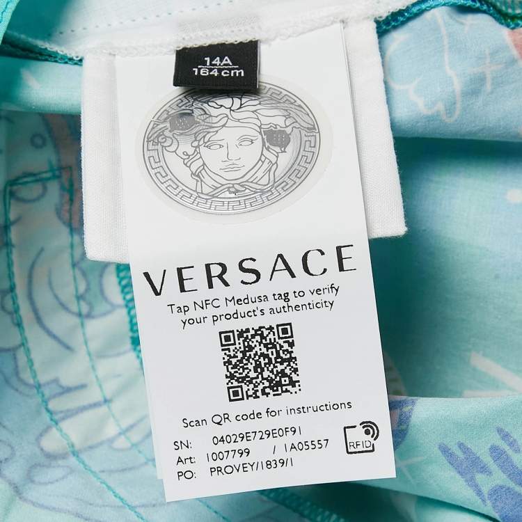 Pre Owned Versace Kids Mint Blue Printed Poplin Shorts 14 Yrs