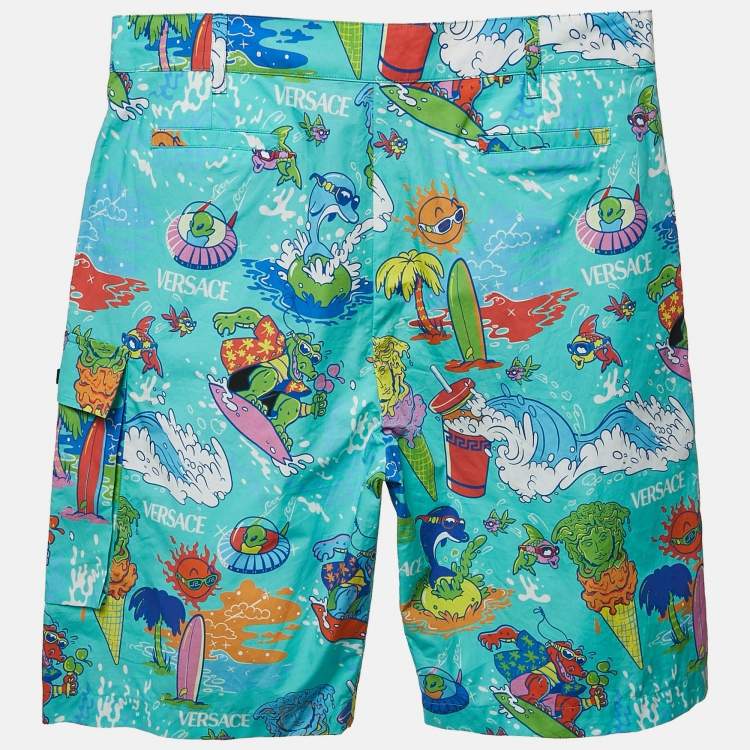 Pre Owned Versace Kids Mint Blue Printed Poplin Shorts 14 Yrs