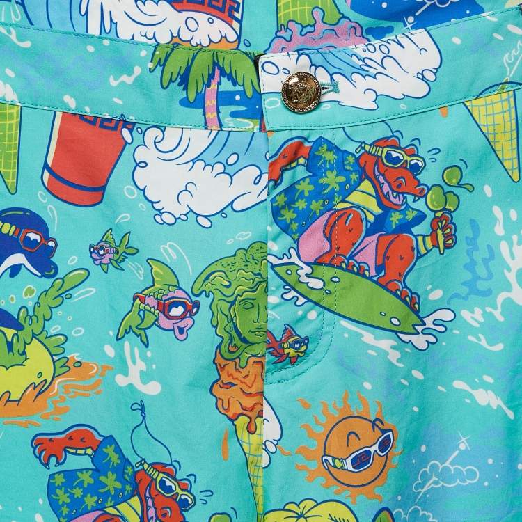 Pre Owned Versace Kids Mint Blue Printed Poplin Shorts 14 Yrs