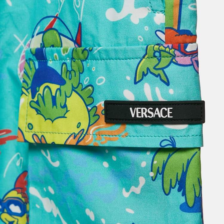 Pre Owned Versace Kids Mint Blue Printed Poplin Shorts 14 Yrs