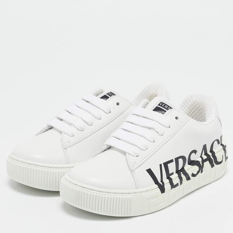 Pre Owned Versace White Leather Greca Sneakers Size 30
