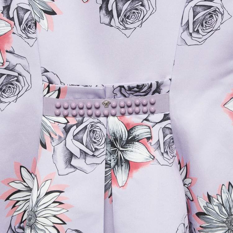 Pre Owned Versace Young Lilac Purple Floral Print Gabardine Pleated Party Dress M 