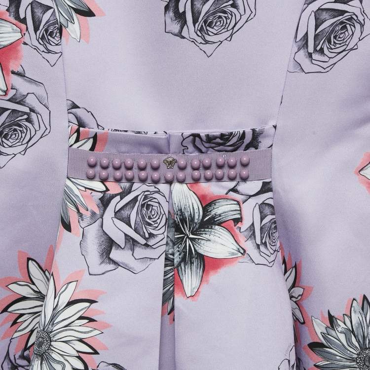 Pre Owned Versace Young Lilac Purple Floral Print Gabardine Pleated Party Dress M 