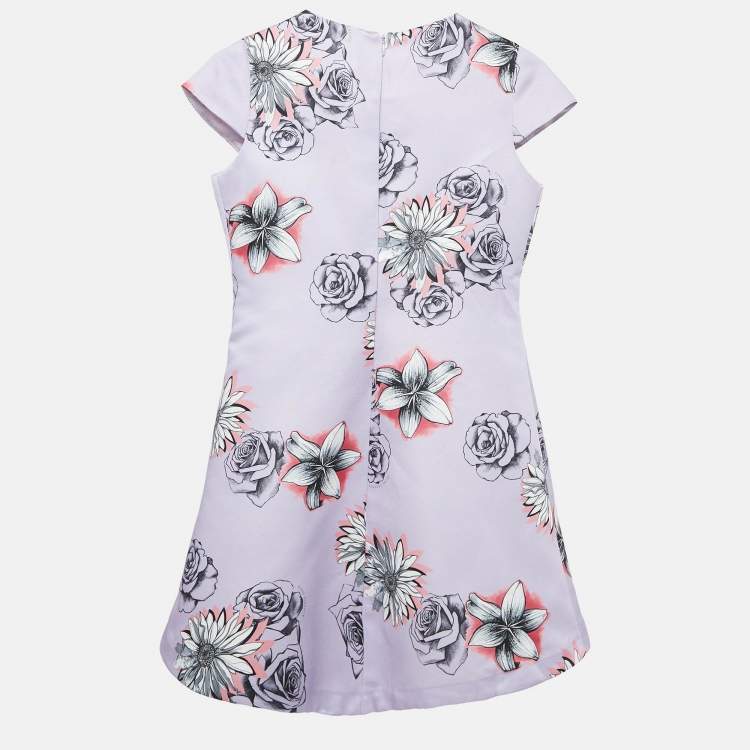 Pre Owned Versace Young Lilac Purple Floral Print Gabardine Pleated Party Dress M 