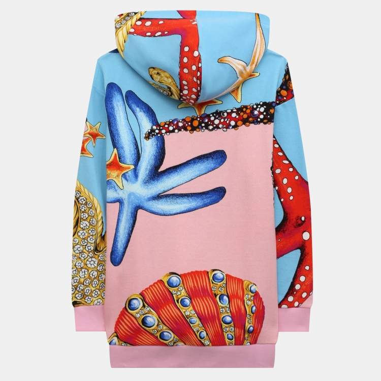 Pre Owned Versace Kids Pink/Blue Starfish Print Cotton Knit Hoodie 8 Yrs 